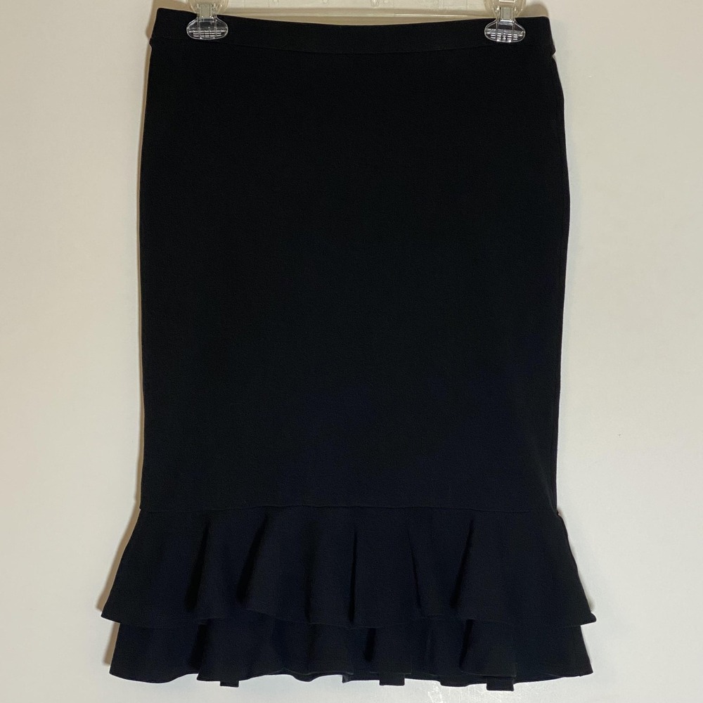 C EST 1946 Skirt Womens Medium Black Ruffle Hem Knit Pencil Midi Pull On - Picture 1 of 9